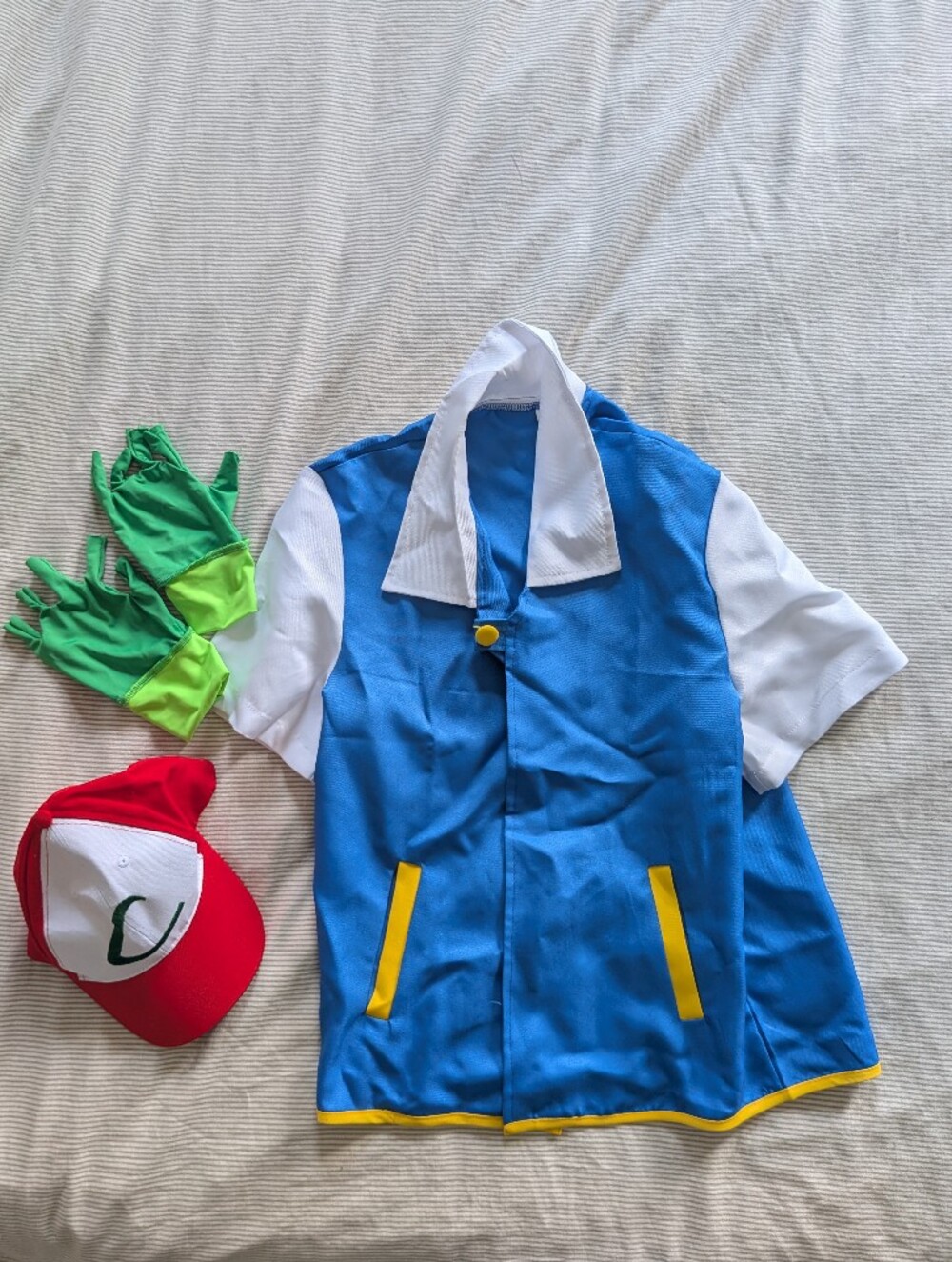 Blue and White Trainer Costume Set with Red Cap and Green Gloves